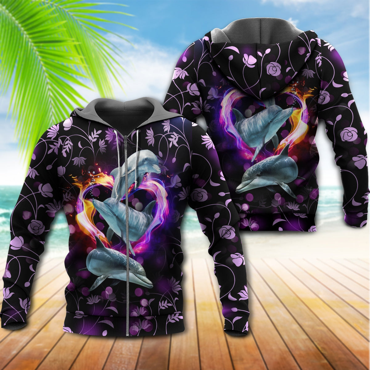 Purple Dolphin Love Ocean Heart Hoodie For Sea Enthusiasts Vacation Style And Comfortable Layering