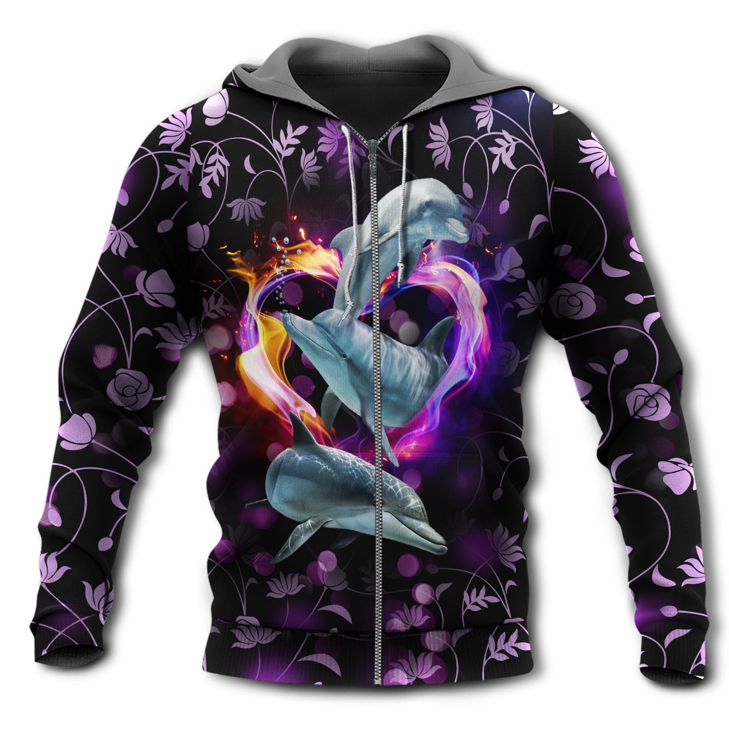 Purple Dolphin Love Ocean Heart Hoodie For Sea Enthusiasts Vacation Style And Comfortable Layering