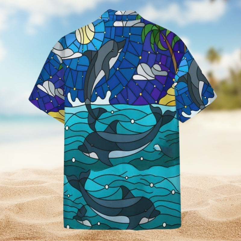 Dolphin Stained Glass Style Hawaiian Shirt For Resort Travel Coastal Fans And Thoughtful Beach Gifts