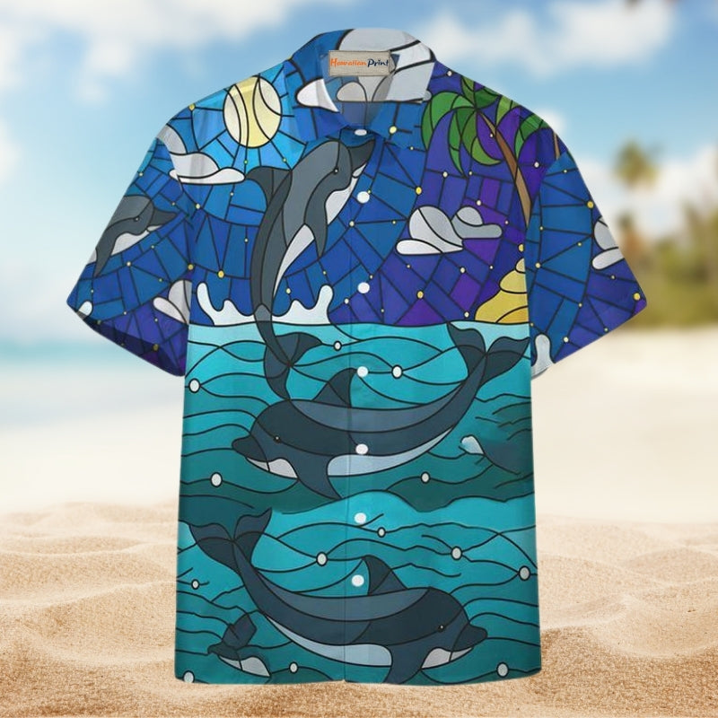 Dolphin Stained Glass Style Hawaiian Shirt For Resort Travel Coastal Fans And Thoughtful Beach Gifts