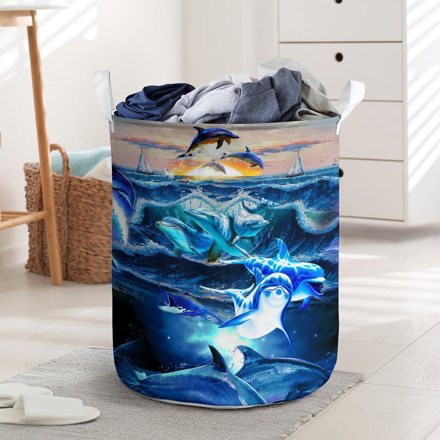 Dolphin Love Blue Sea Laundry Basket For Bathroom Bedroom Storage
