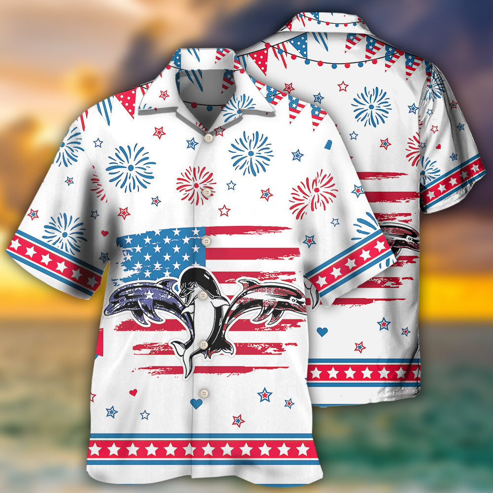 Funny Dolphin Independence Day Hawaiian Shirt Artwork View For Weekend Travel And Beach Style