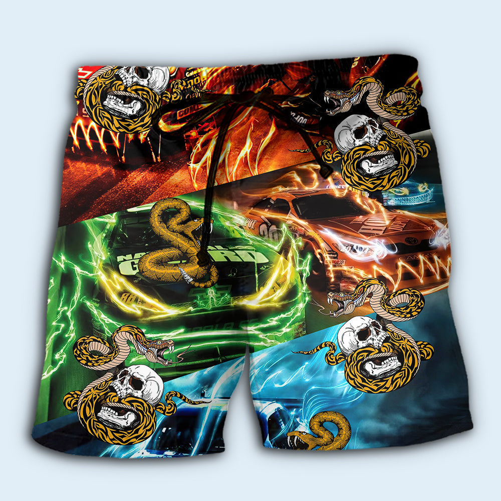 Car Racing Skull Snake Beach Shorts Design Detail For Spooky Season Travel