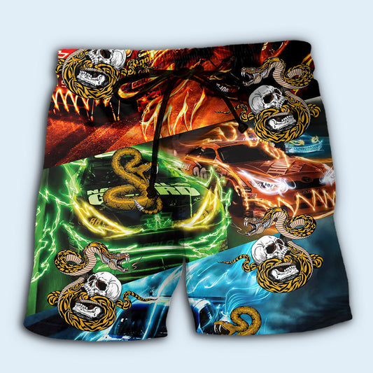 Car Racing Skull Snake Beach Shorts Design Detail For Spooky Season Travel