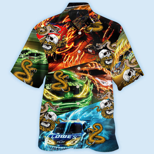 Car Racing Skull Snake Hawaiian Shirt For Island Vacations, Resort Wear, And Relaxed Seasonal Style