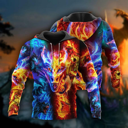 Dragon Fire Water Hoodie For Creative Casual Style Seasonal Outings And Comfort