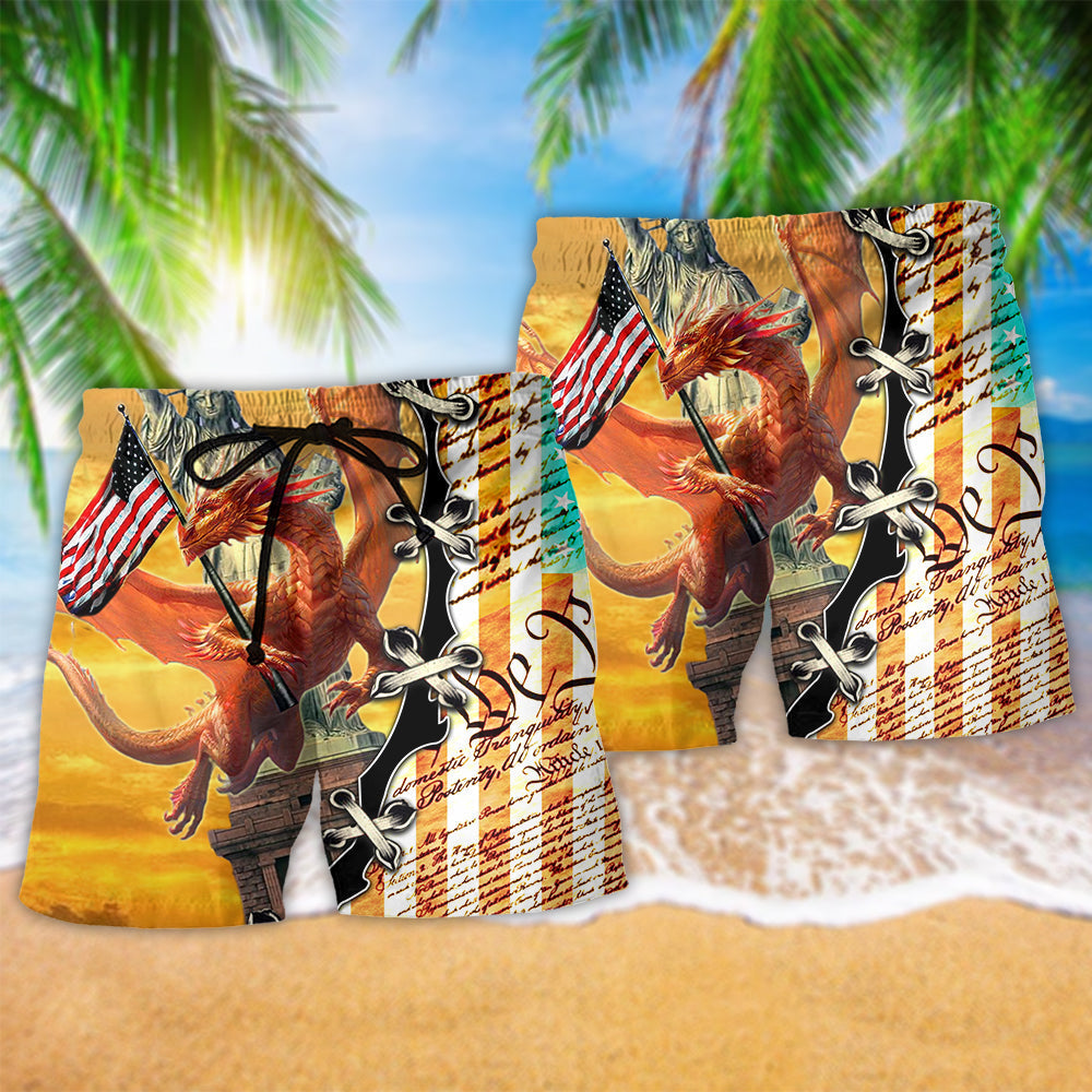 Dragon American Love Flag Hawaiian Print Beach Shorts For Patriotic Summer Events