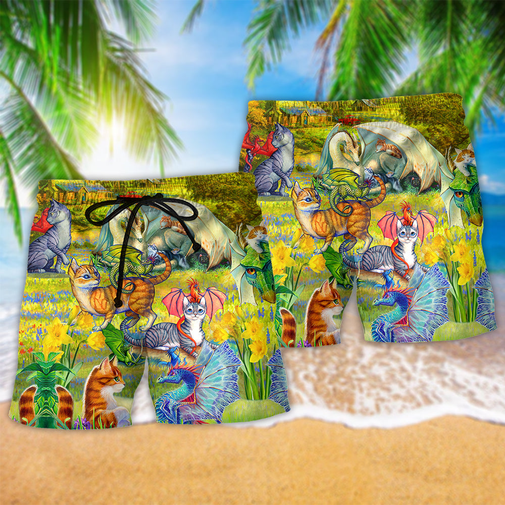 Dragon And Cats Floral Fantasy Beach Shorts Artwork Detail For Comfortable Everyday Summer Wear