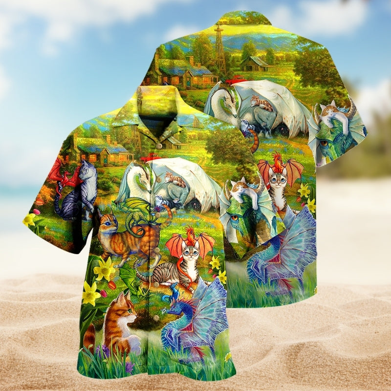 Dragon And Cats Hawaiian Shirt For Weekend Escape, Tropical Retreat, And Daily Summer Wear