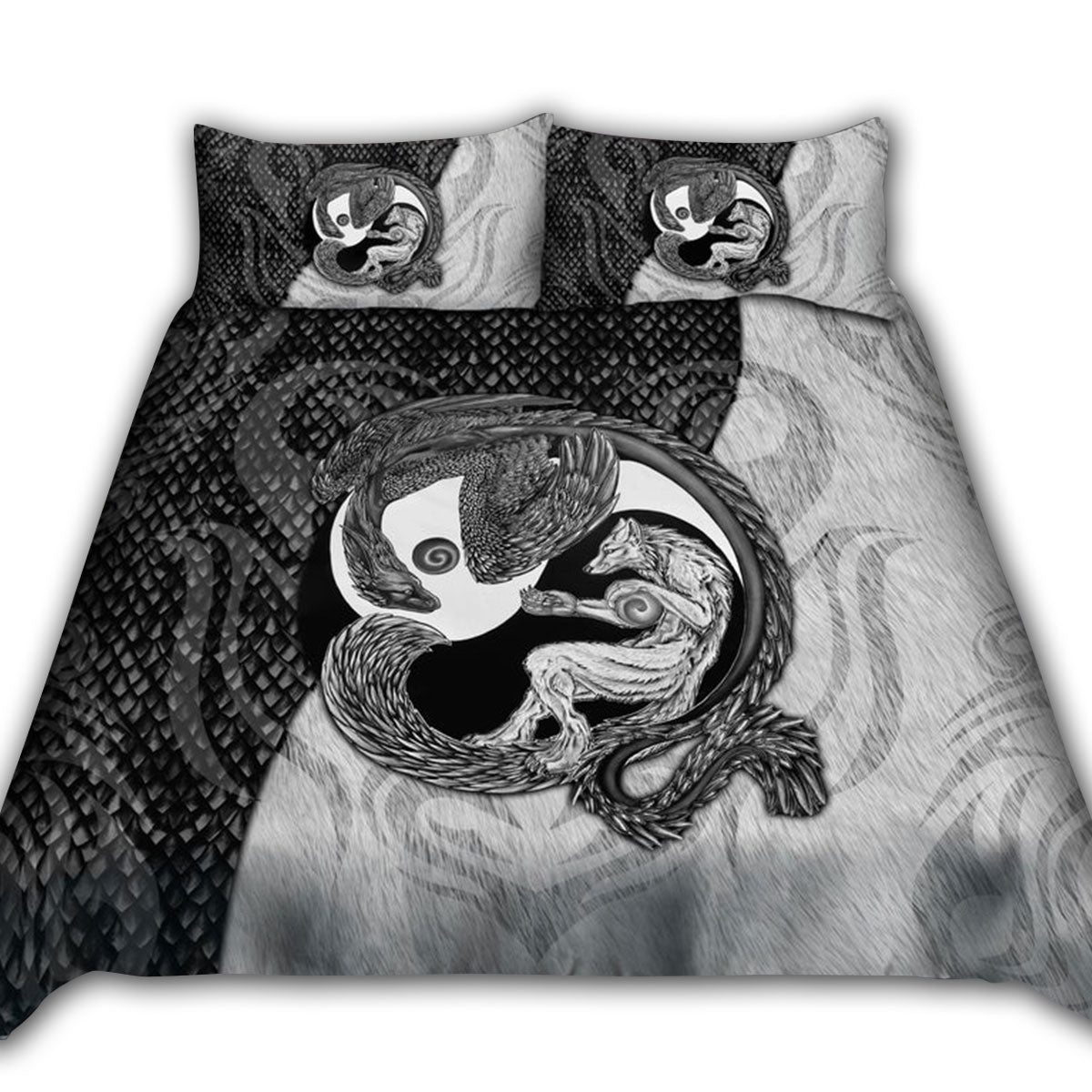 Black And White Dragon And Wolf Fantasy Bedding Cover For Fantasy Bedroom Decor