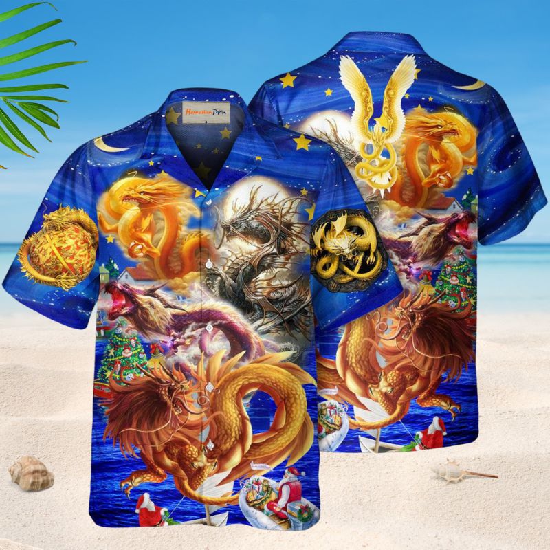 Dragon Christmas Hawaiian Shirt For Winter Celebrations, Beach Travel, And Relaxed Holiday Wear