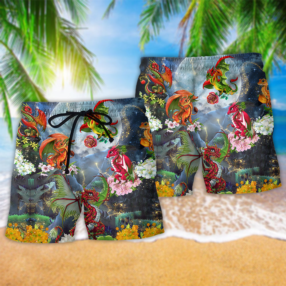 Dragon Floral Moon Beach Shorts Pattern Detail For Cruise Vacations And Comfortable Resort Style