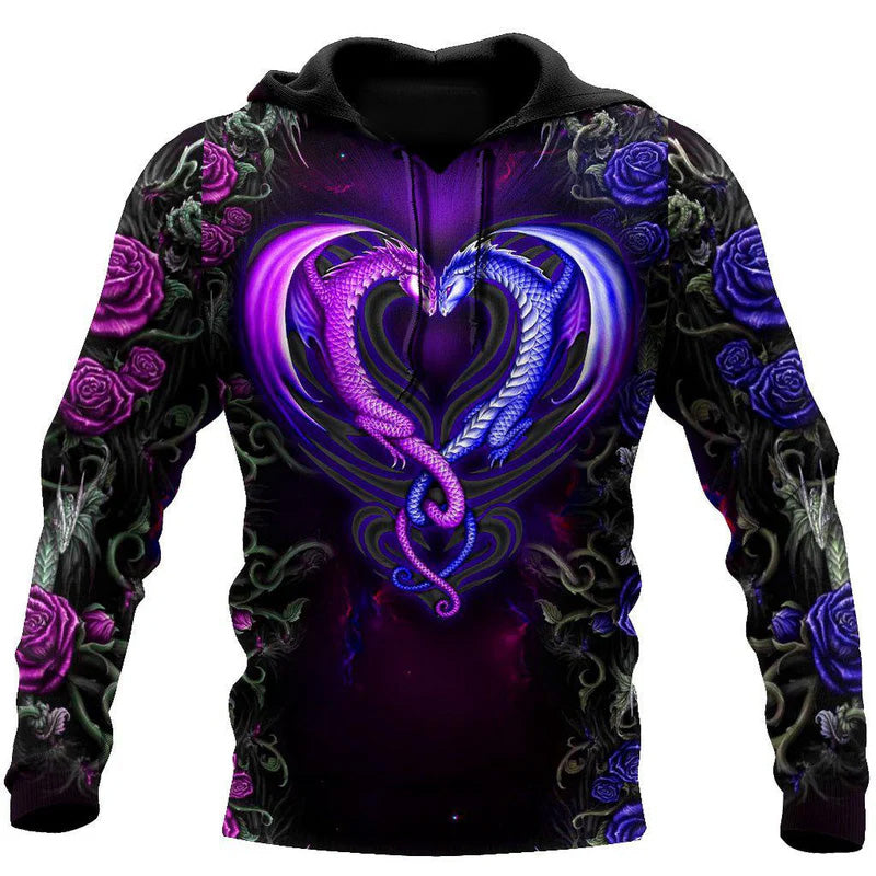 Dragon Love Flowers Hoodie For Mythic Artwork Enthusiasts Casual Events And Daily Comfort