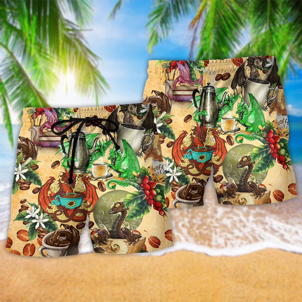 Dragon Coffee Beach Shorts Pattern Detail For Resort Wear And Bright Summer Outfits