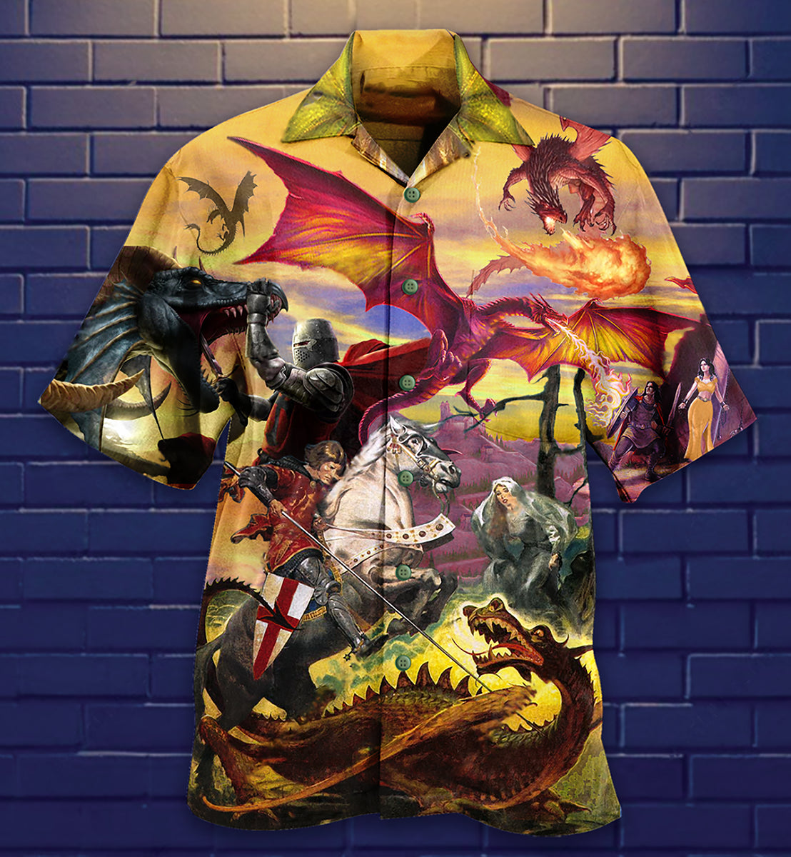 Dragon Fighting Knights Hawaiian Shirt Pattern View For Lightweight Everyday Style