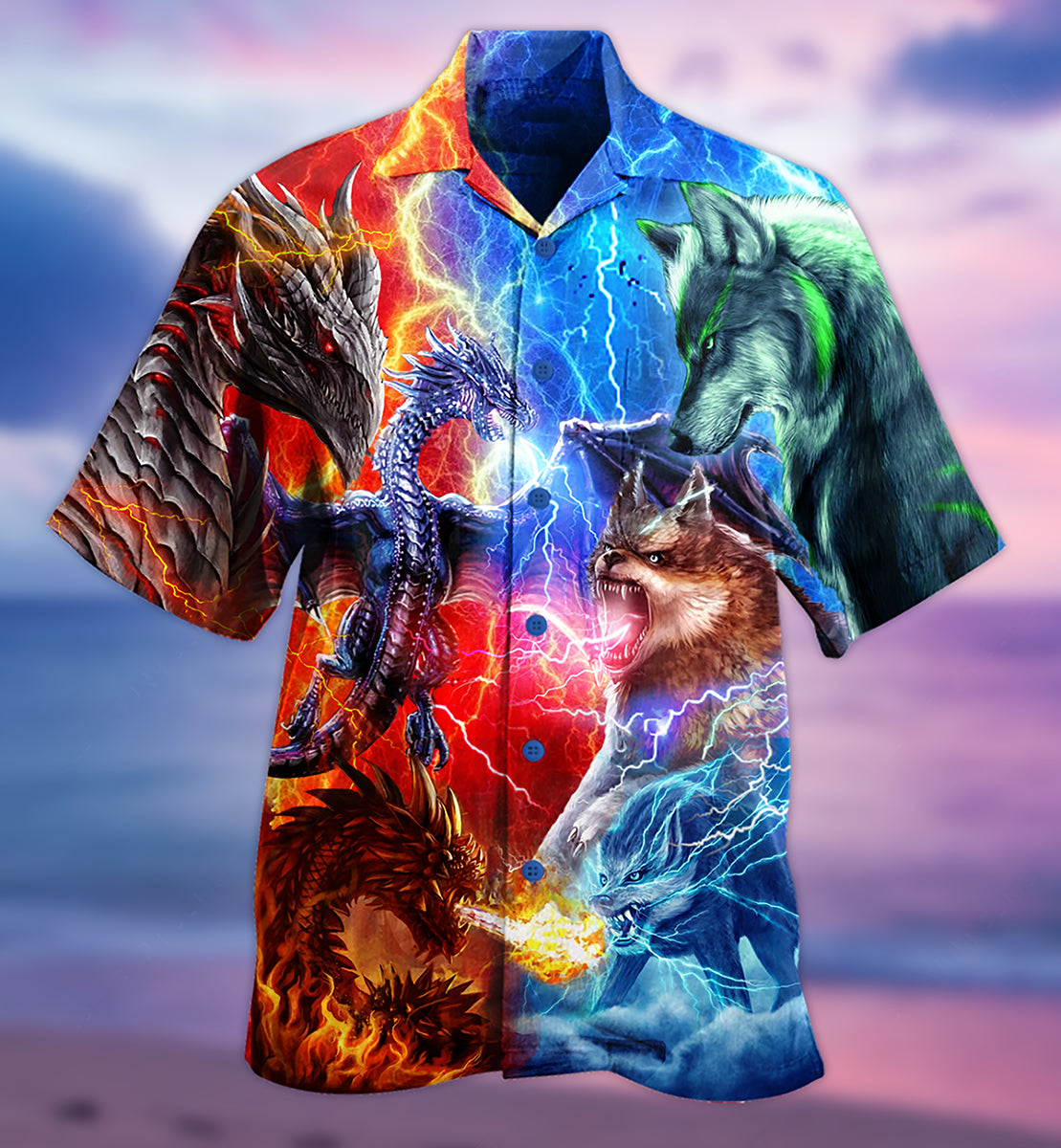 Dragon Wolf Fighting Hawaiian Shirt For Beach Parties And Weekend Getaways