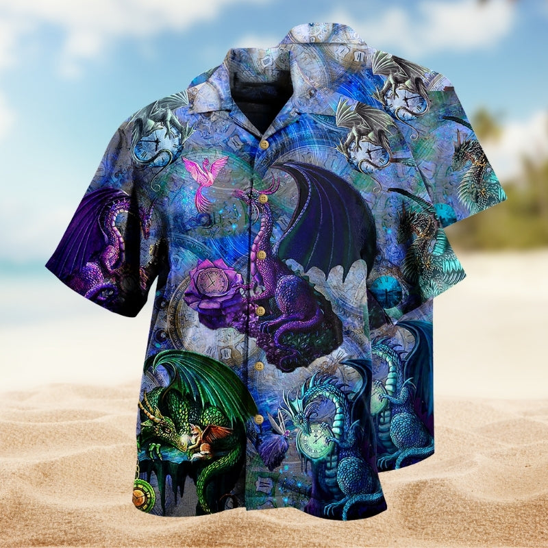 Dragon Mythic Energy Hawaiian Shirt For Island Adventure, Relaxed Getaway, And Travel Ready Style