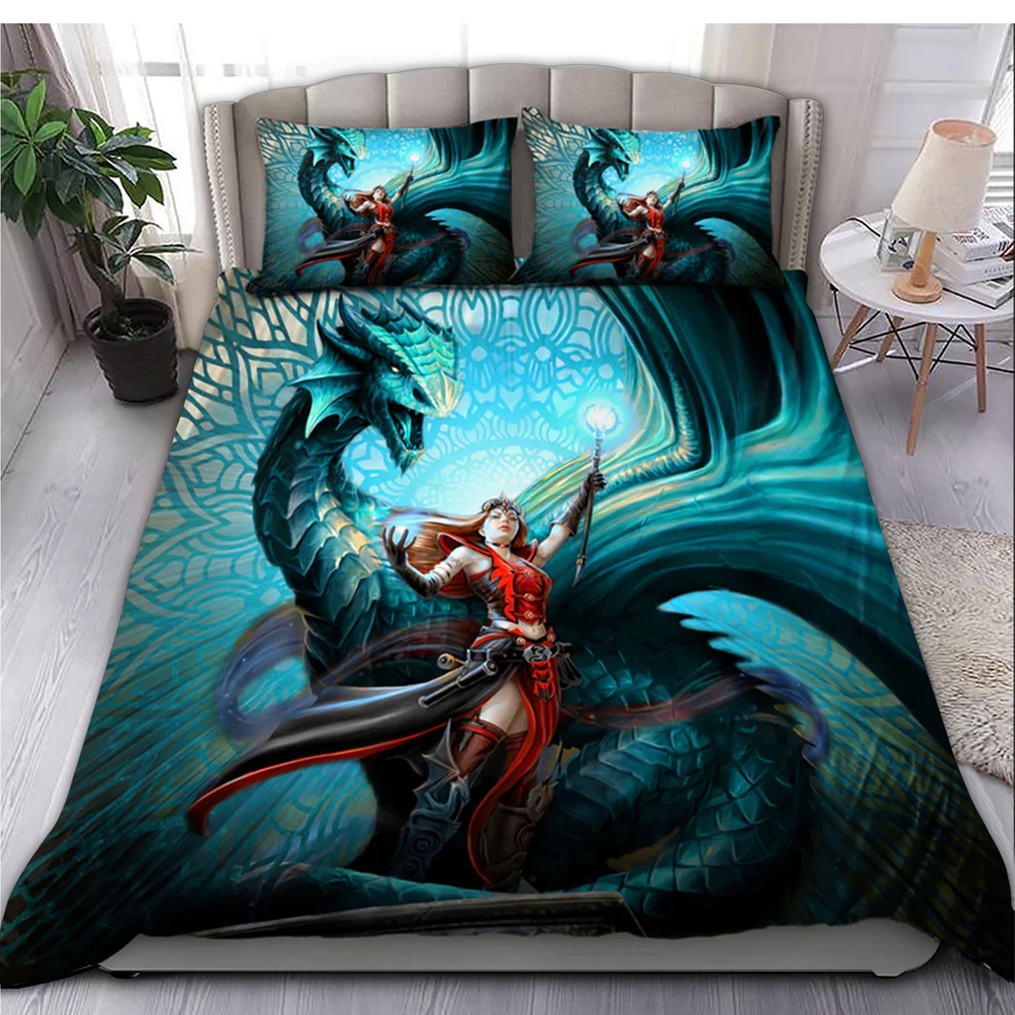 Strong Woman Dragon Bedding Cover For Fantasy Bedroom Decor