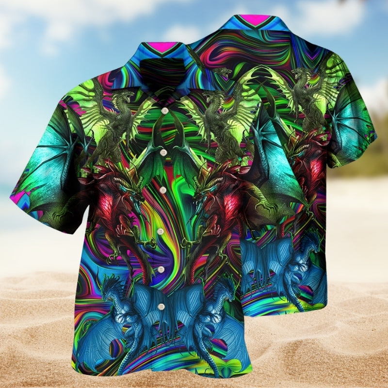 Fantasy Dragon Hawaiian Shirt For Tropical Holiday, Island Adventure, And Resort Wear