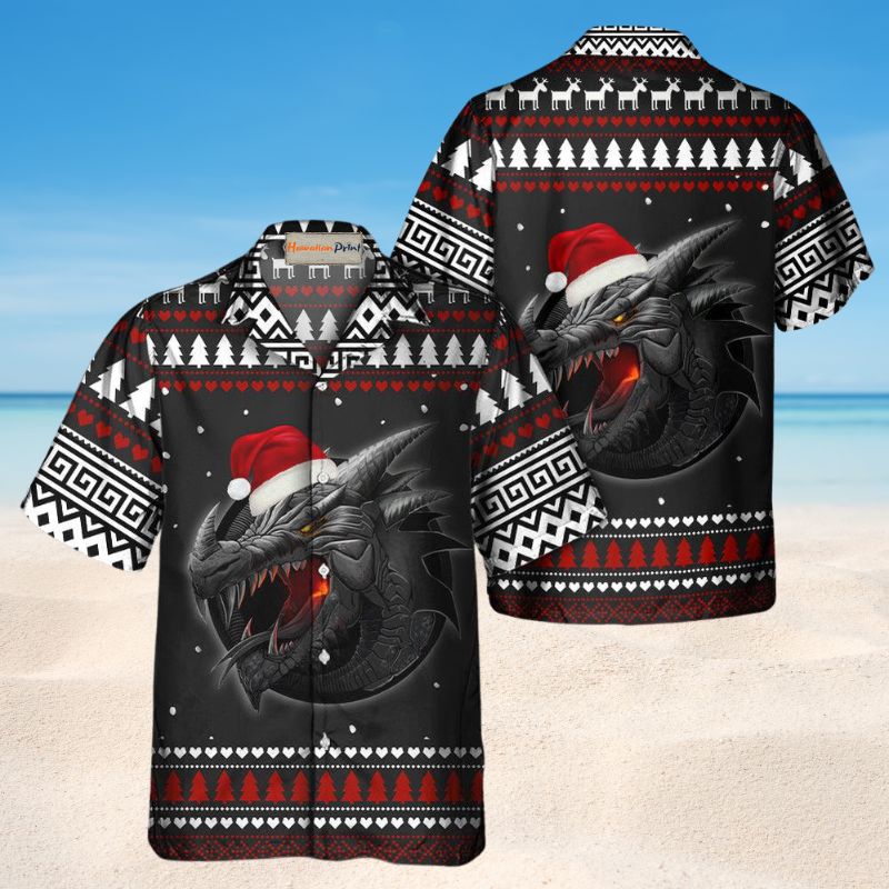 Festive Dragon Christmas Hawaiian Shirt For Island Vacations, Resort Wear, And Relaxed Seasonal Style
