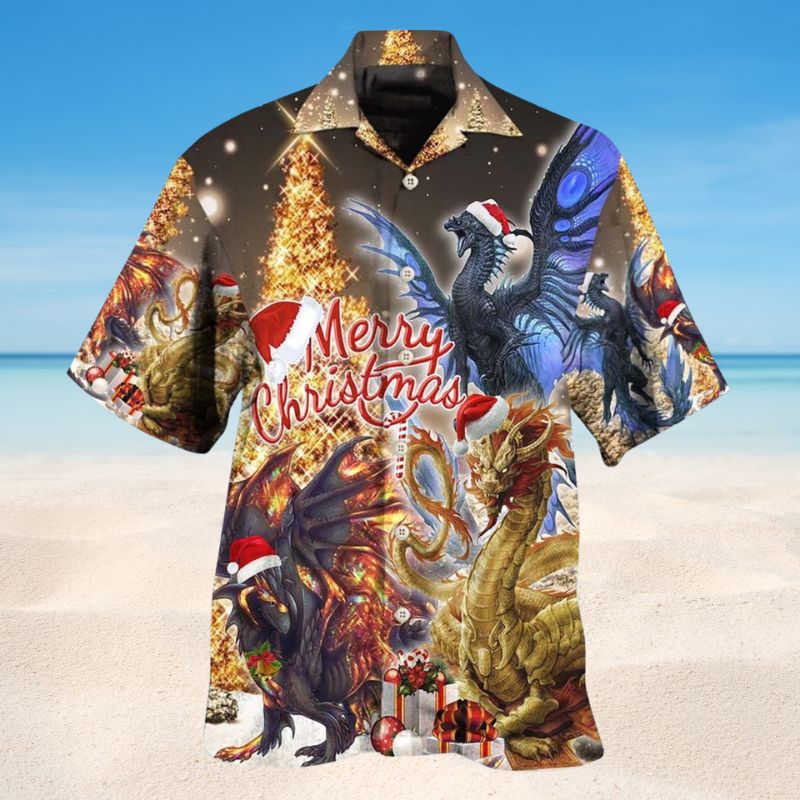 Festive Dragon Christmas Hawaiian Shirt For Coastal Travel, Casual Events, And Comfortable Summer Wear