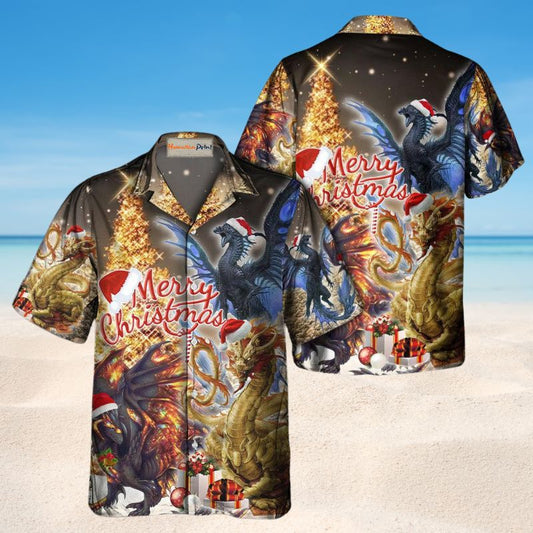 Festive Dragon Christmas Hawaiian Shirt For Coastal Travel, Casual Events, And Comfortable Summer Wear