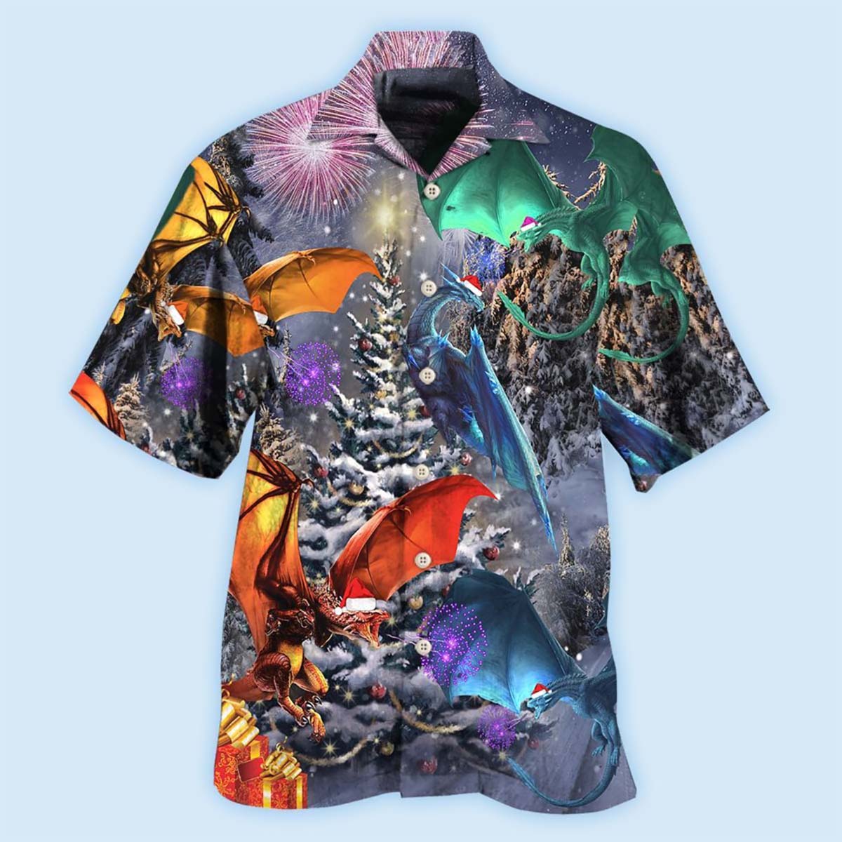 Festive Dragon Christmas Winter Hawaiian Shirt Artwork View For Weekend Travel And Beach Style