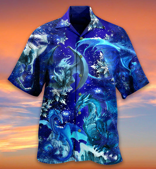Blue Dragon Christmas Snow Theme Hawaiian Shirt Artwork View For Weekend Travel And Beach Style