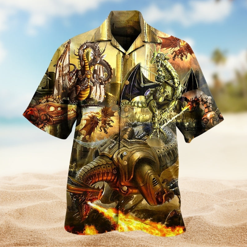 Dragon Metal Hawaiian Shirt For Tropical Holiday, Warm Weather Outing, And Comfortable Travel Wear