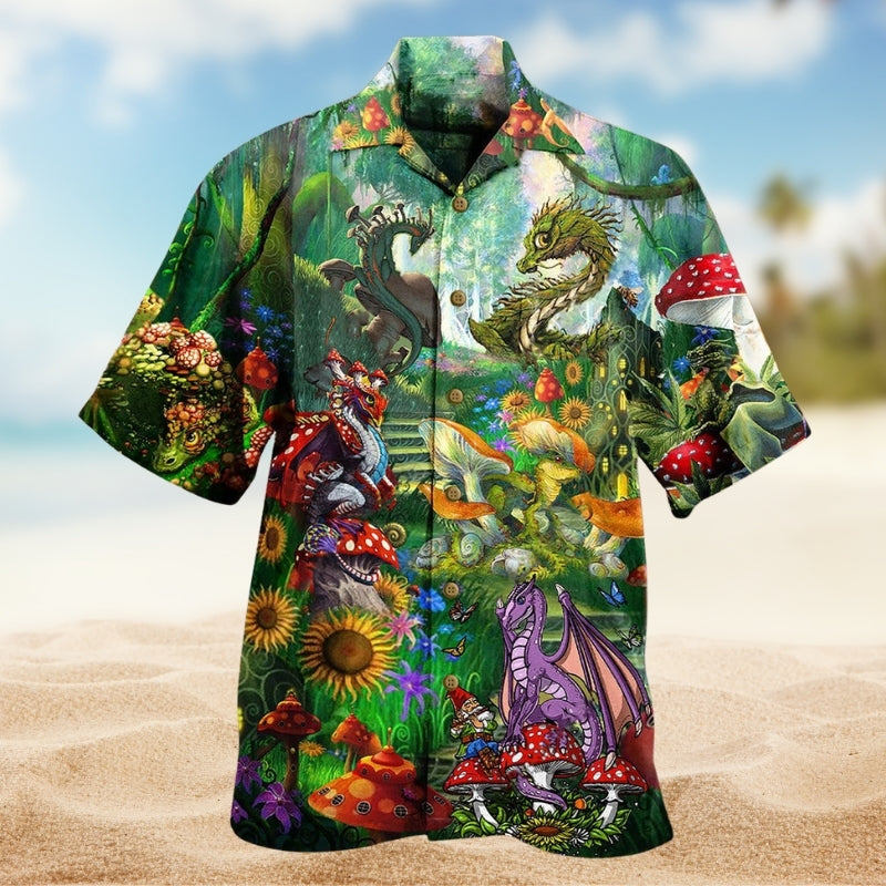 Dragon Mushroom Hawaiian Shirt For Relaxed Getaway, Casual Weekend, And Warm Weather Fashion