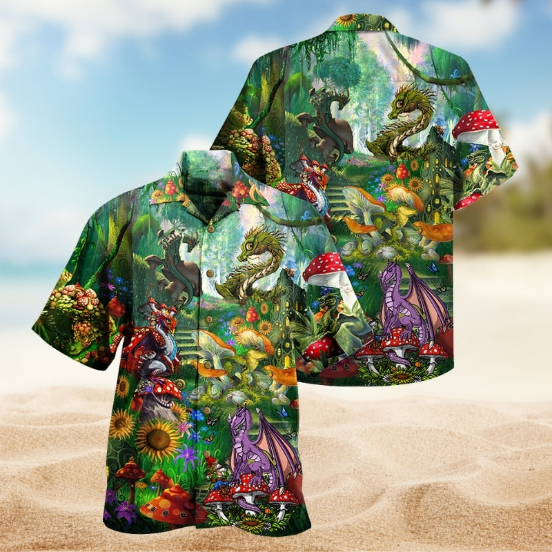 Dragon Mushroom Hawaiian Shirt For Poolside Gathering, Vacation Cruise, And Relaxed Summer Style