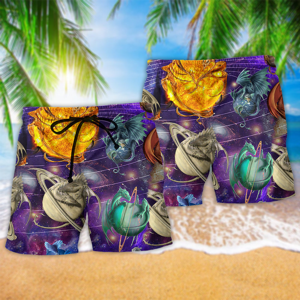 Dragon Galaxy Cosmic Beach Shorts Pattern Detail For Weekend Travel And Easy Warm Weather Wear