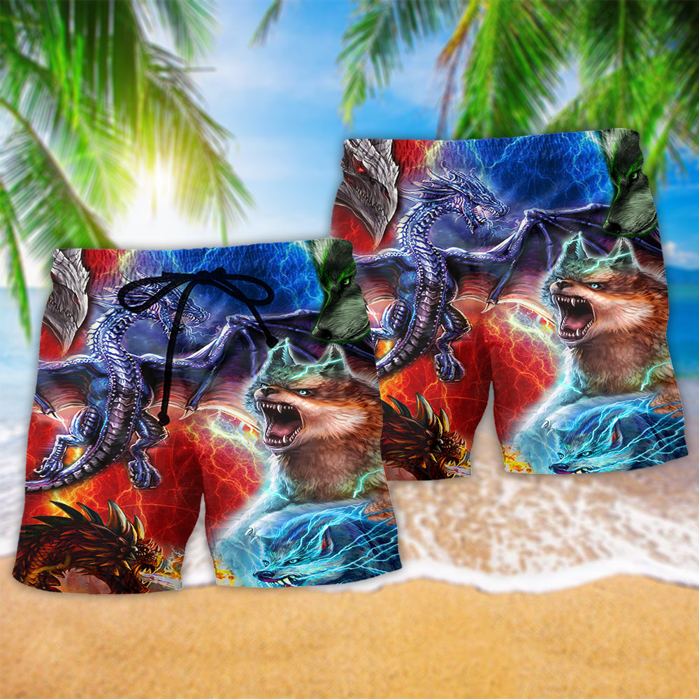 Dragon Wolf Love Life Hawaiian Print Beach Shorts For Coastal Trips And Outdoor Wear