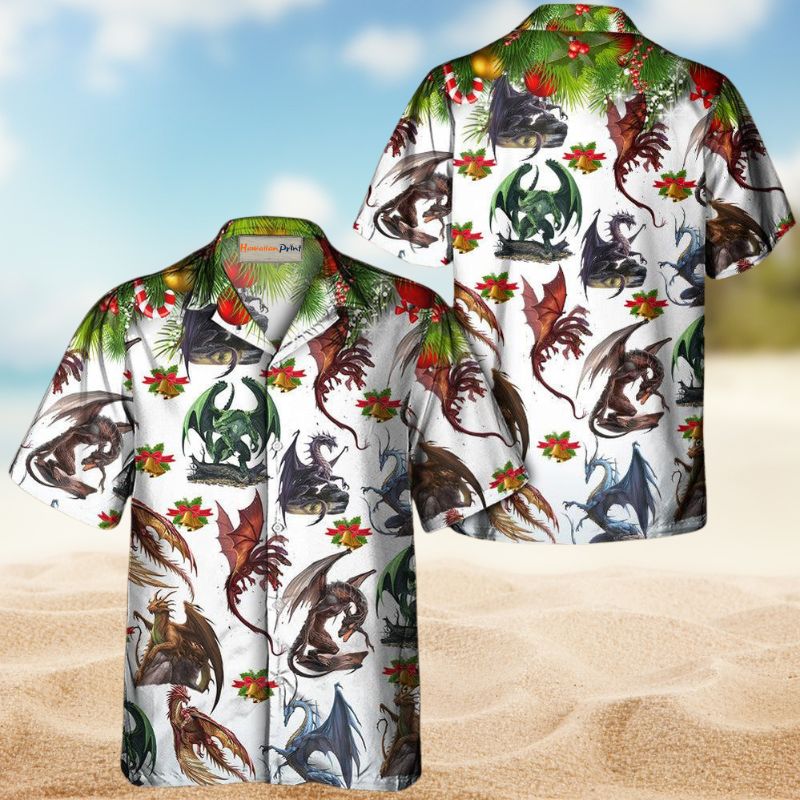 Festive Dragon Christmas Hawaiian Shirt For Summer Vacation, Beach Travel, And Casual Wear