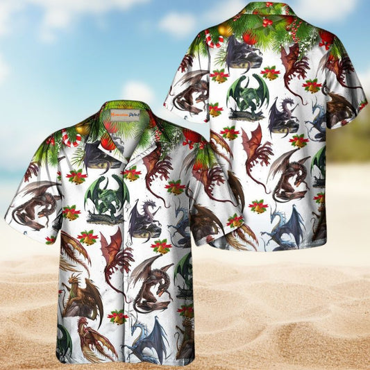 Festive Dragon Christmas Hawaiian Shirt For Summer Vacation, Beach Travel, And Casual Wear