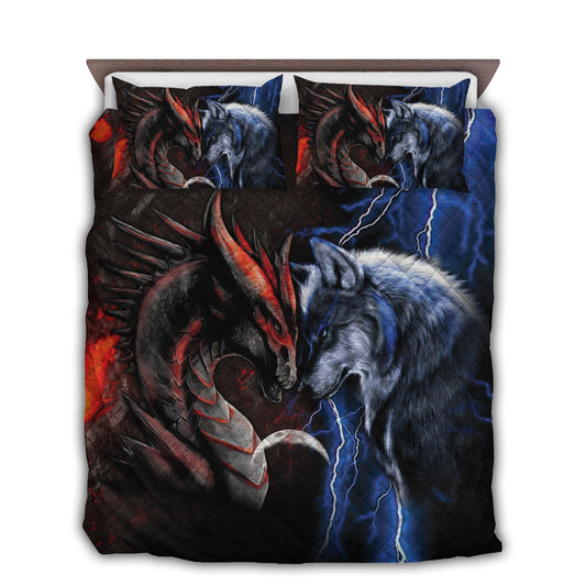 Red And Blue Dragon And Wolf Bedding Cover For Fantasy Bedroom Decor