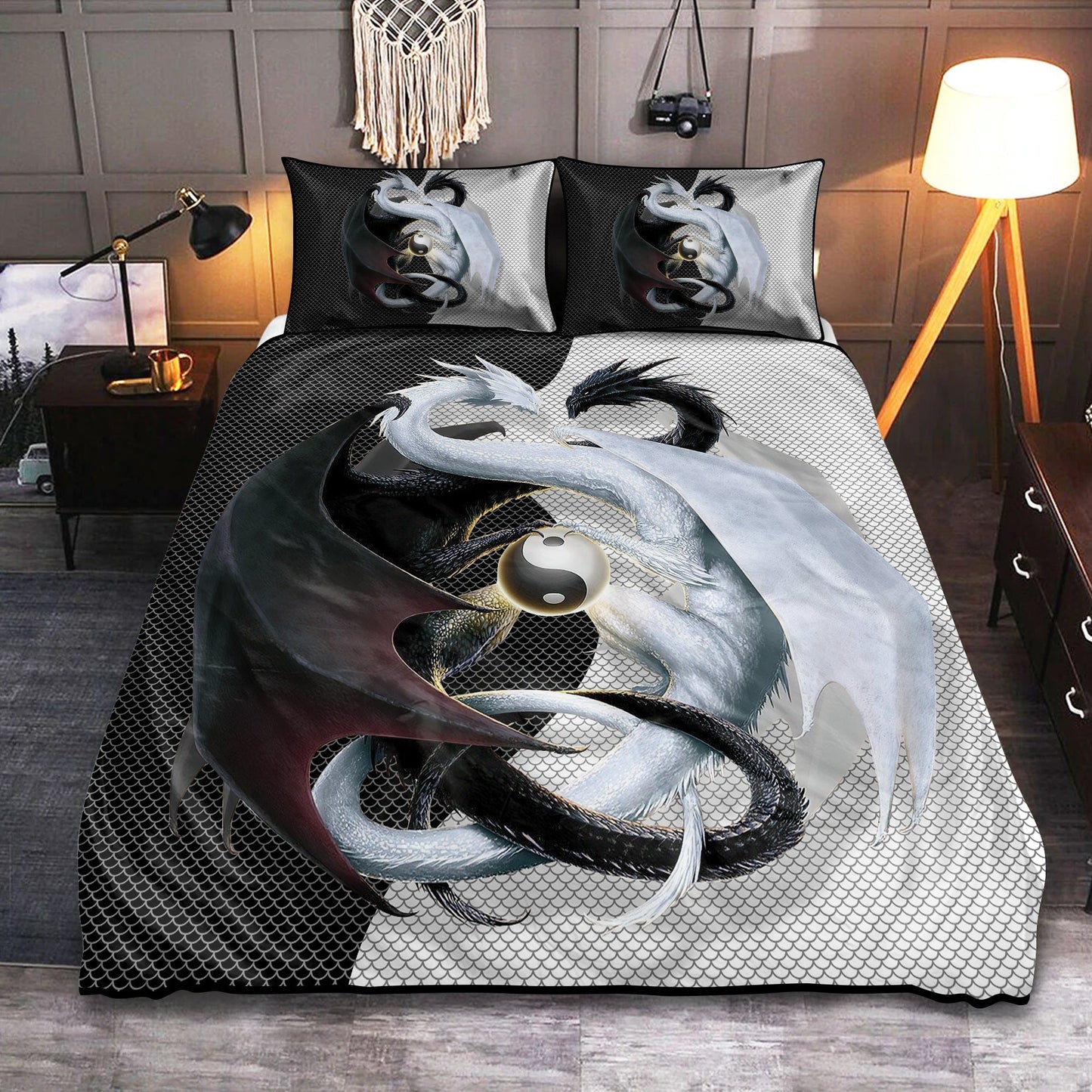 Black And White Dragon Couple Bedding Cover For Fantasy Bedroom Decor
