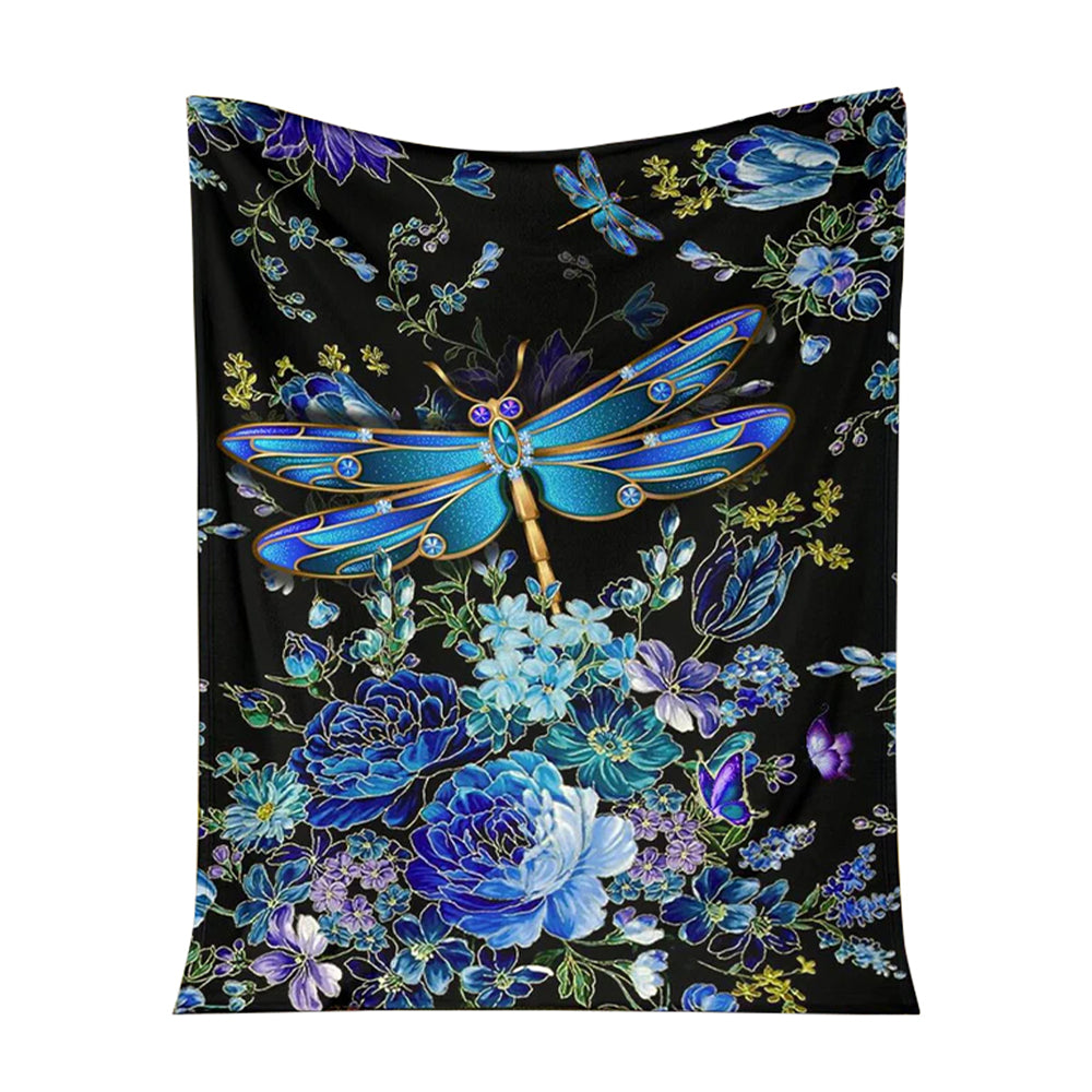 Dragonfly Blue Floral Flannel Blanket For Cozy Bedroom Sofa Decor