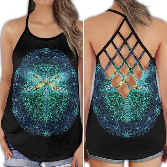 Blue Black Dragonfly Sky Dream Hollow Tank Top For Yoga Practice And Summer Outings