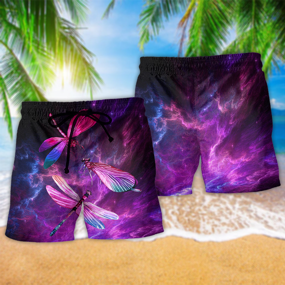 Purple Dragonfly Sky Beach Shorts Pattern Detail For Coastal Leisure And Easy Warm Weather Wear