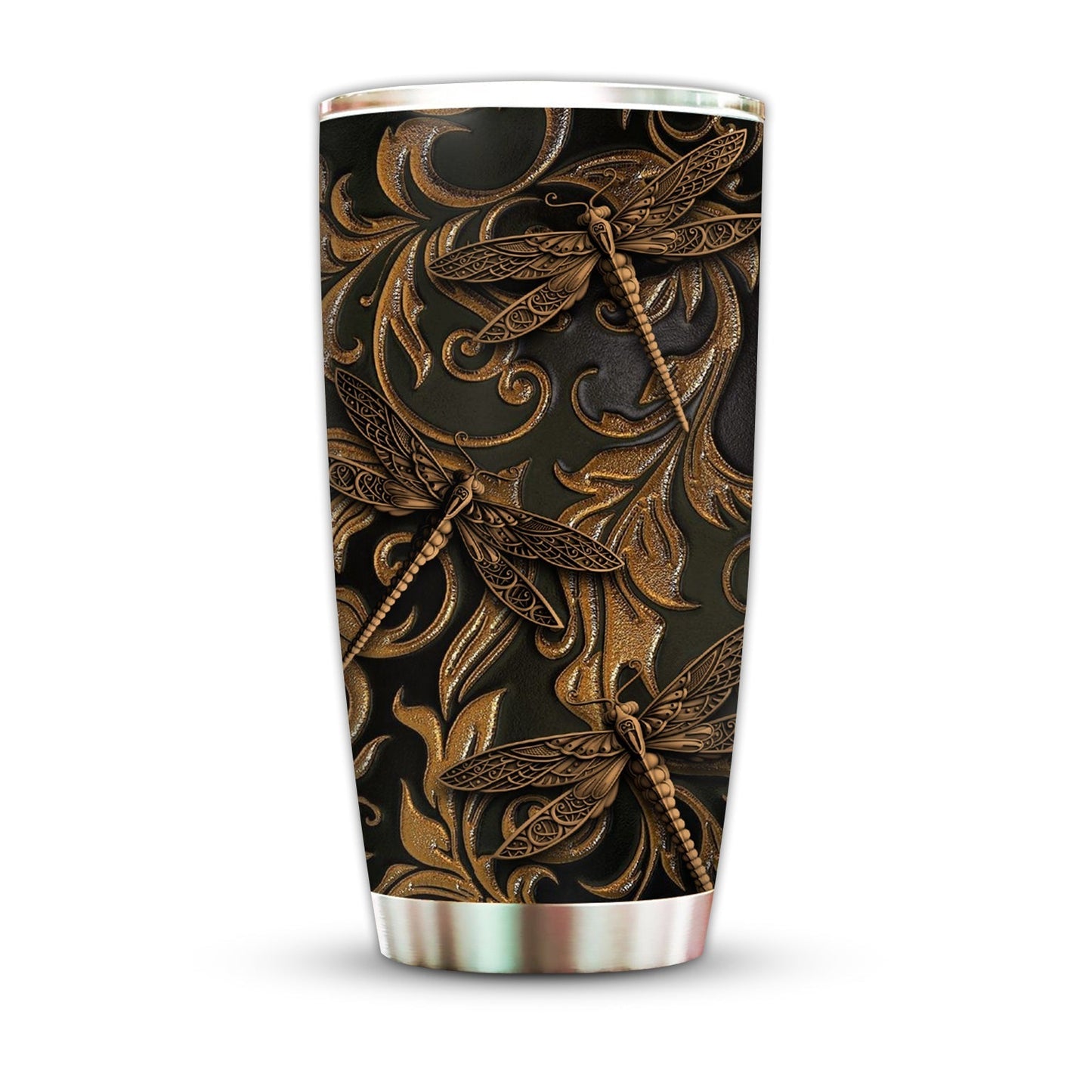Dragonfly Wood Black With Bronze 20 Oz Tumbler For Coffee Travel And Daily Drinks