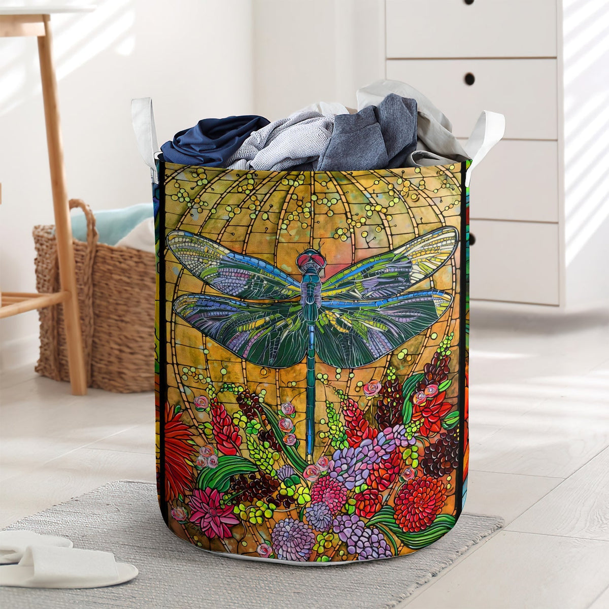 Dragonfly Floral Glass Art Laundry Basket For Bathroom Bedroom Storage