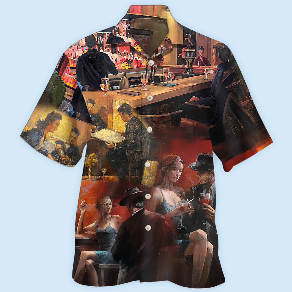 Wine Drinking Overnight Friends Hawaiian Shirt Pattern Detail For Vacation Travel And Daily Wear