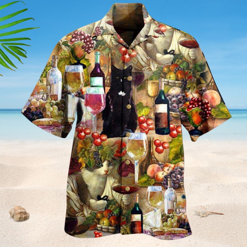 Drinking Wine Feeling Fine Cats Hawaiian Shirt For Tropical Trips Food Fans And Cheerful Summer Outings