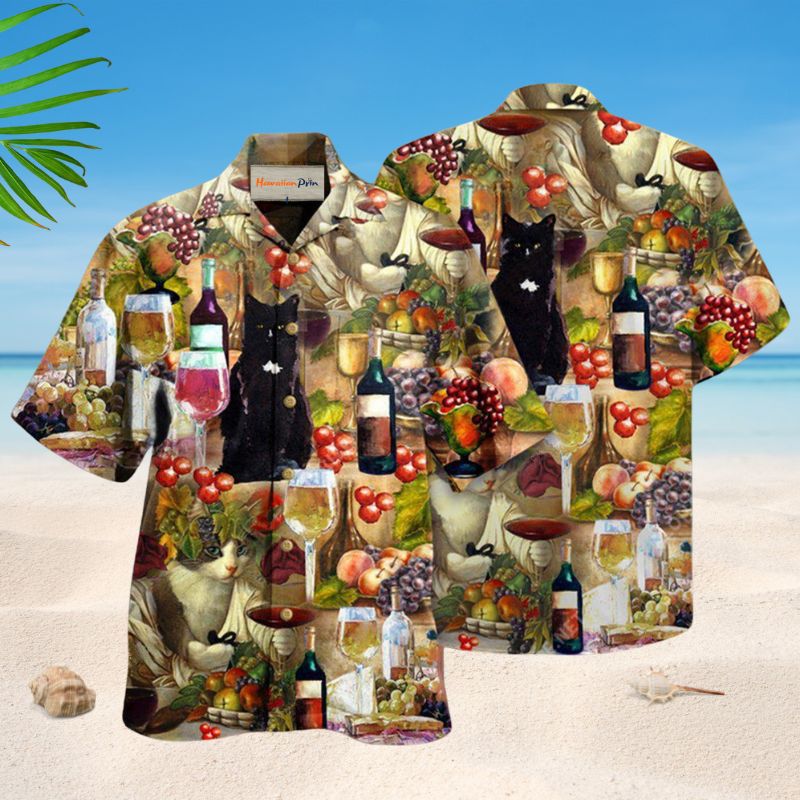 Drinking Wine Feeling Fine Cats Hawaiian Shirt For Tropical Trips Food Fans And Cheerful Summer Outings
