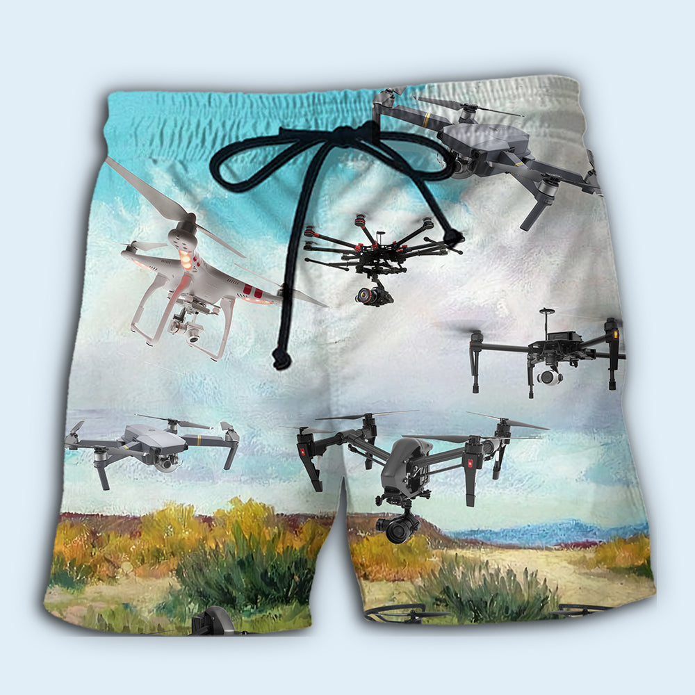 Drone Flying Blue Sky Adventure Beach Shorts For Poolside Relaxation And Summer Adventures