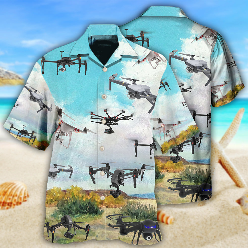 Drone Flying Blue Sky Pattern Hawaiian Shirt For Beach Days, Summer Outings, And Thoughtful Gift Giving