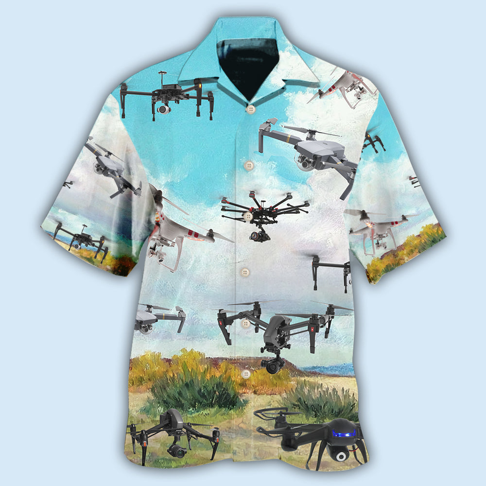 Drone Flying Blue Sky Pattern Hawaiian Shirt For Beach Days, Summer Outings, And Thoughtful Gift Giving