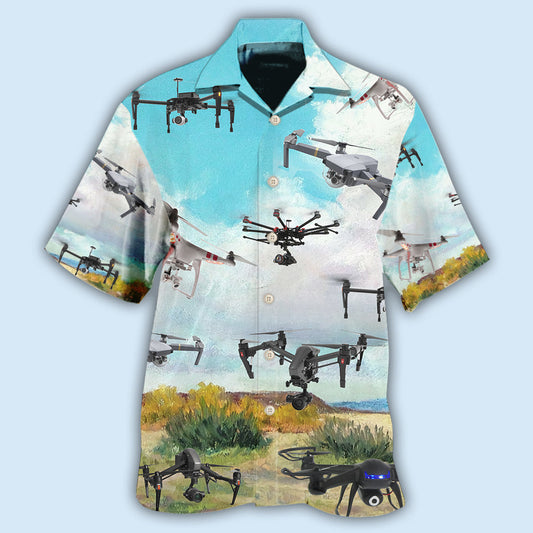 Drone Flying Blue Sky Pattern Hawaiian Shirt For Beach Days, Summer Outings, And Thoughtful Gift Giving