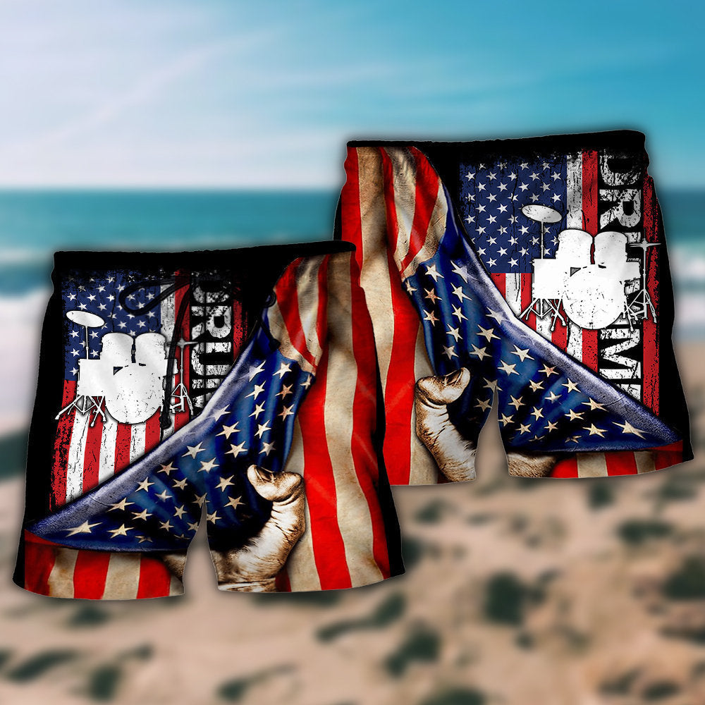 Independence Day Drum Beach Shorts Pattern Detail For Outdoor Activities And Travel Ready Comfort